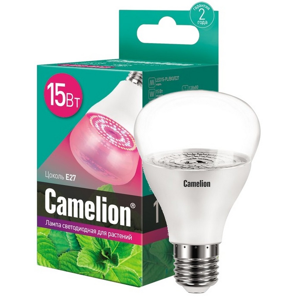ლედ ნათურა Camelion LED15-PL/BIO/E27 ბიო ნათურა 15 ვატი ბიოკოლორი სპექტრი 23% ლურჯი 77% წითელი — ნათურა და ვაზნა